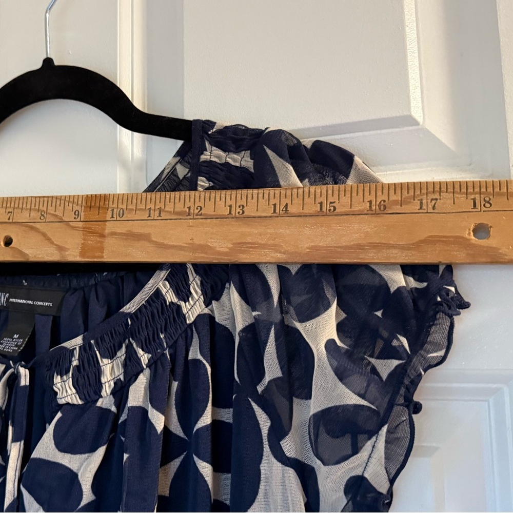 Babydoll Top INC Sz M Navy Ruffle Blouse Vintage Y2K Office Short‎ Sleeve Scoop - Picture 4 of 6